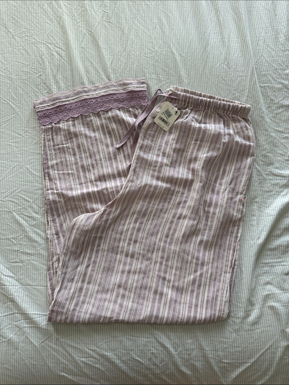 Striped Lilac Pajama Pants with Lace Trim